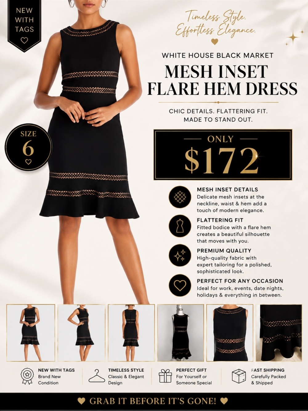 NWT White House Black Market Sleeveless Mesh Inset Flare Hem Dress size 6